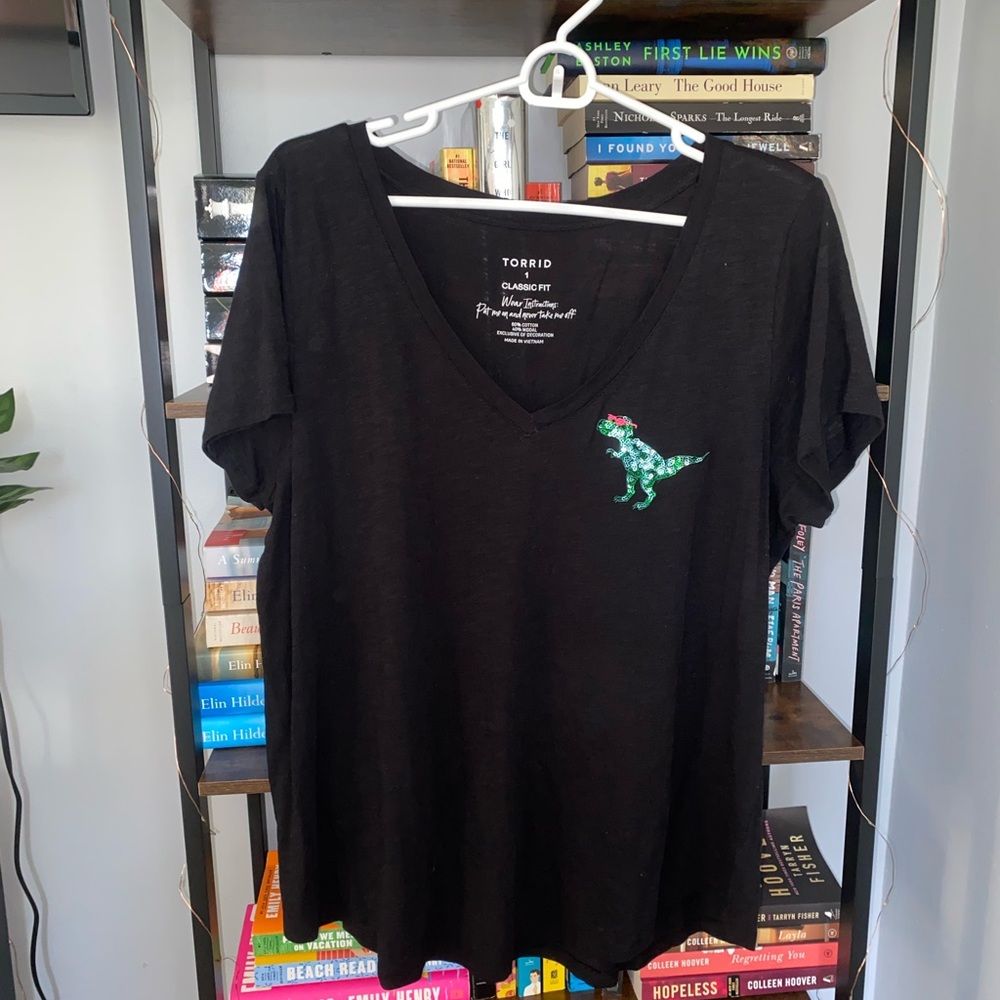 Torrid Black V-Neck Top with Dinosaur Design